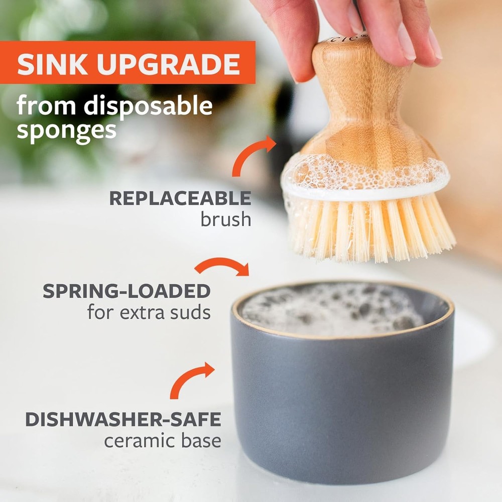 Full Circle Bubble Up - Bamboo Dish Brush & Ceramic Soap 1 Pack, Gray