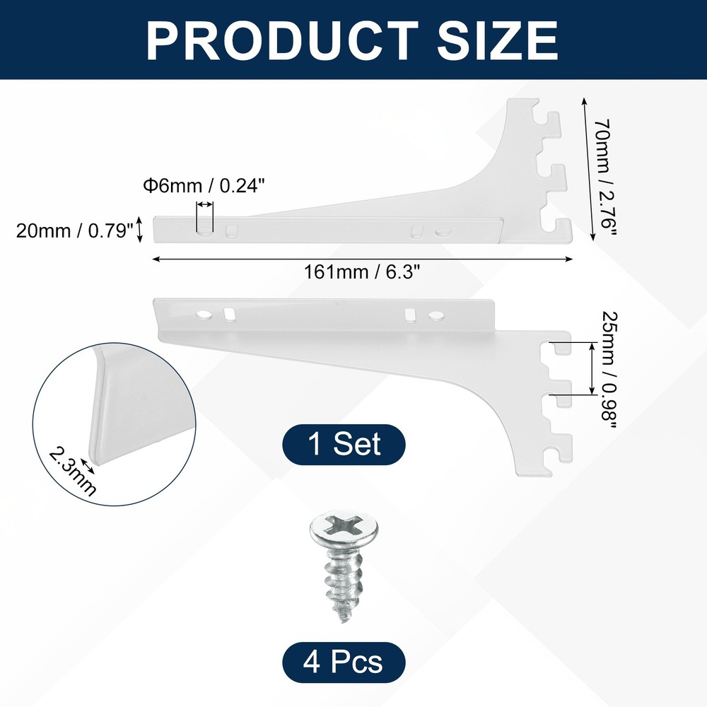 2Pcs Adjustable Shelf Brackets, 6.3" 2.3mm Upright Bracket Shelf Bracket, White