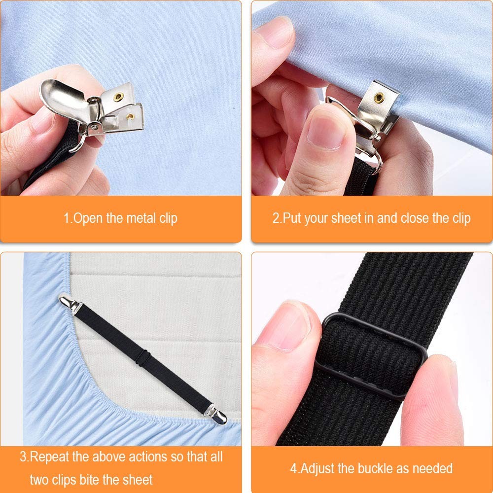 Bed Sheet Straps, Adjustable Elastic Fitted Sheet Corner Holders Straps to St...