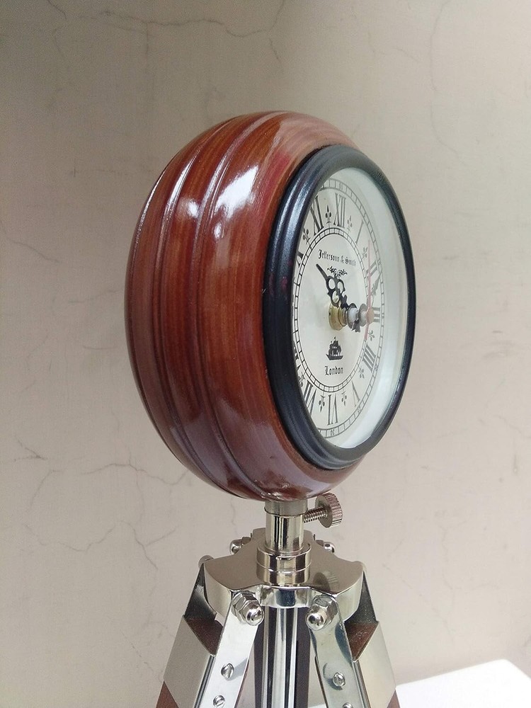 Wooden Tripod Stand with Brass Clock, Adjustable Tripod Stand