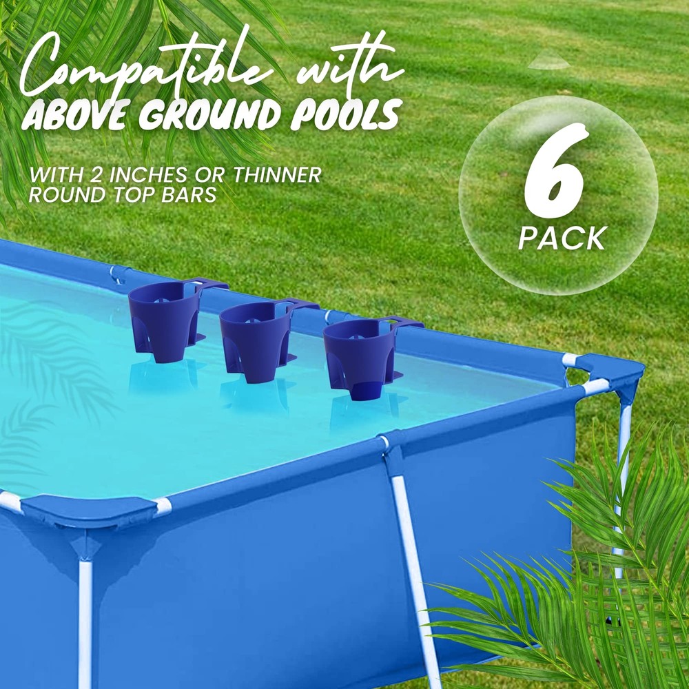 6-Pack Blue Poolside Cup Holders Compatible with Above Ground Pools with 2 In...