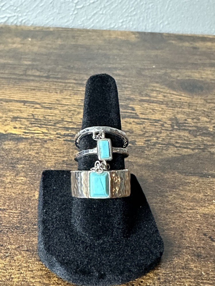 BARSE Sterling Silver Hammered Band Turquoise Rectangle Charm Stacking Ring Set
