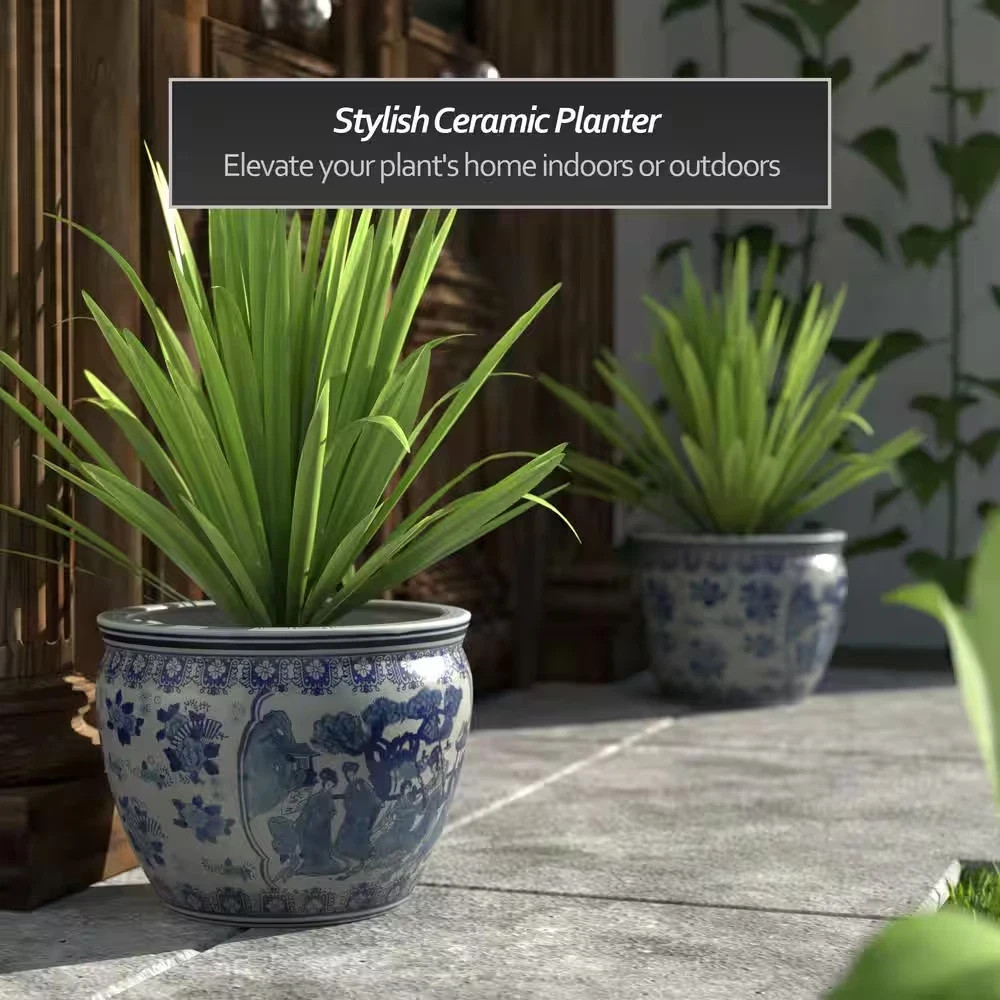 Red Lantern 14 in. Ladies Blue and White Porcelain Fishbowl