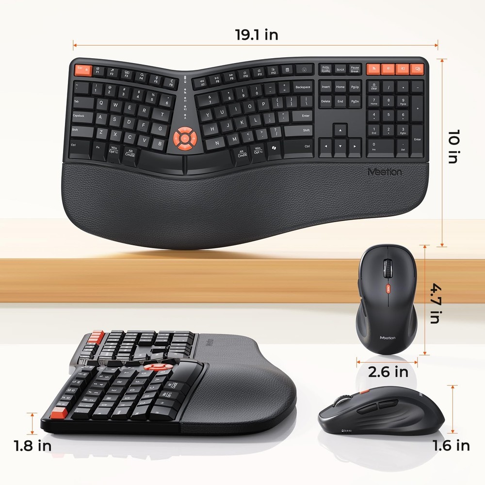 MEETION Ergonomic Keyboard and Mouse, 2.4G Wireless/Bluetooth Split Keyboard ...