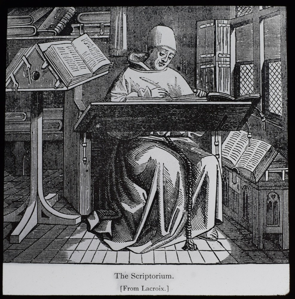 ANTIQUE Magic Lantern Slide THE SCRIPTORIUM FROM LACROIX C1910