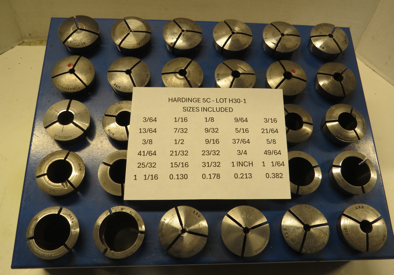 HARDINGE 5C COLLETS - 30 SIZES - 3/32" TO 1-1/16" + RACK + STOPS - LOT #H30-1