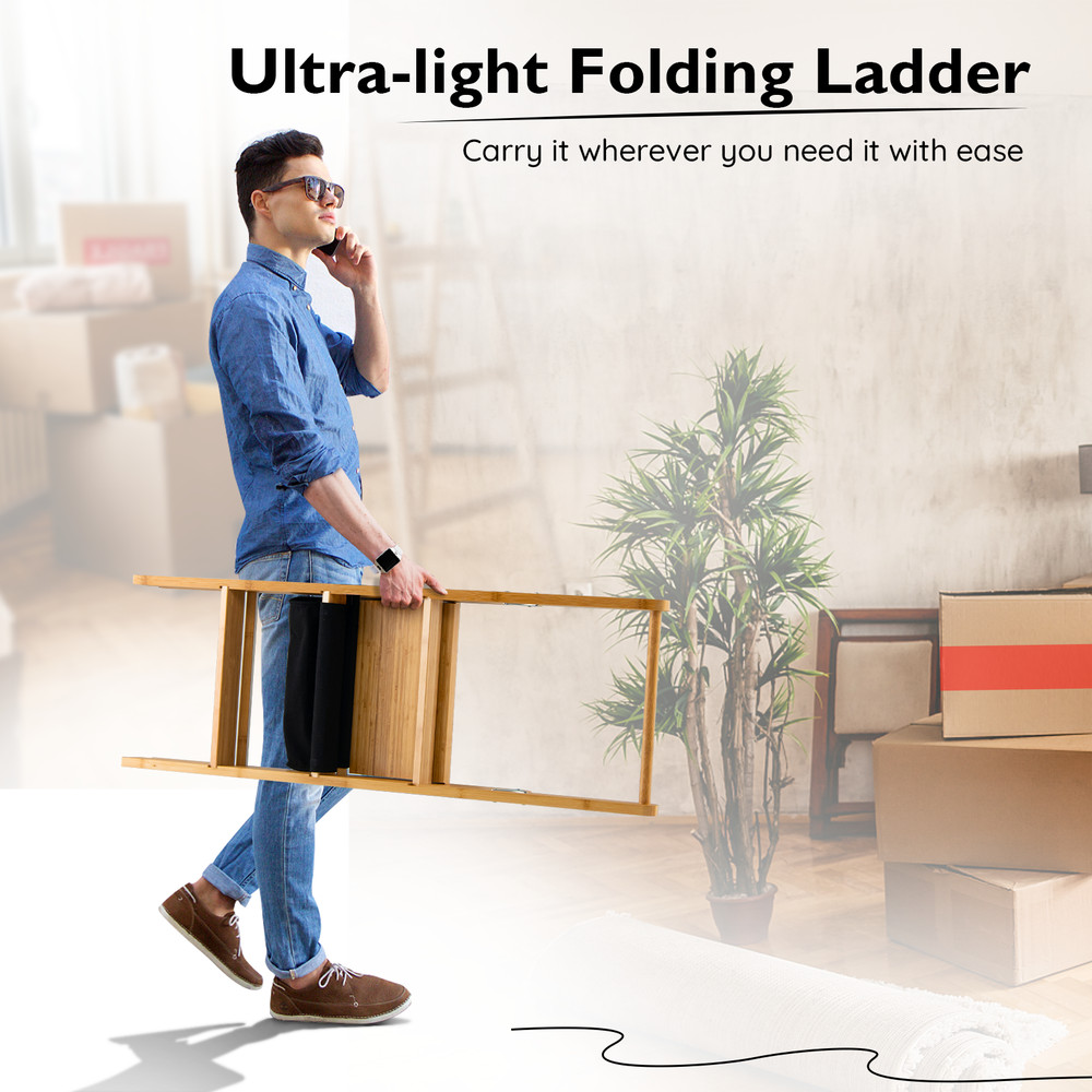 3-Step Ladder Foldable Bamboo Step Stool with Wide Pedal & Storage Bag Natural