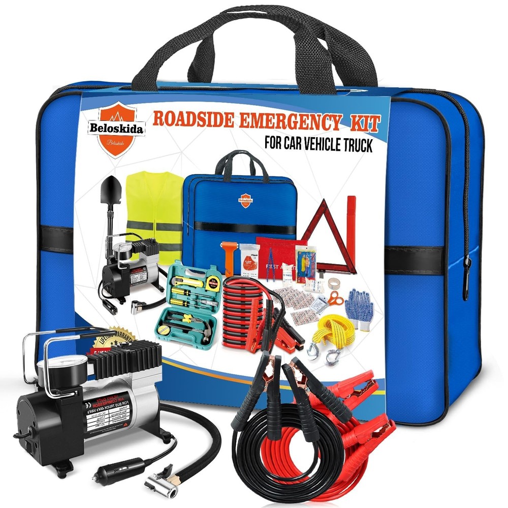 Emergency Car Kit - Roadside Tool Set with Air Compressor, Jumper Cables & First