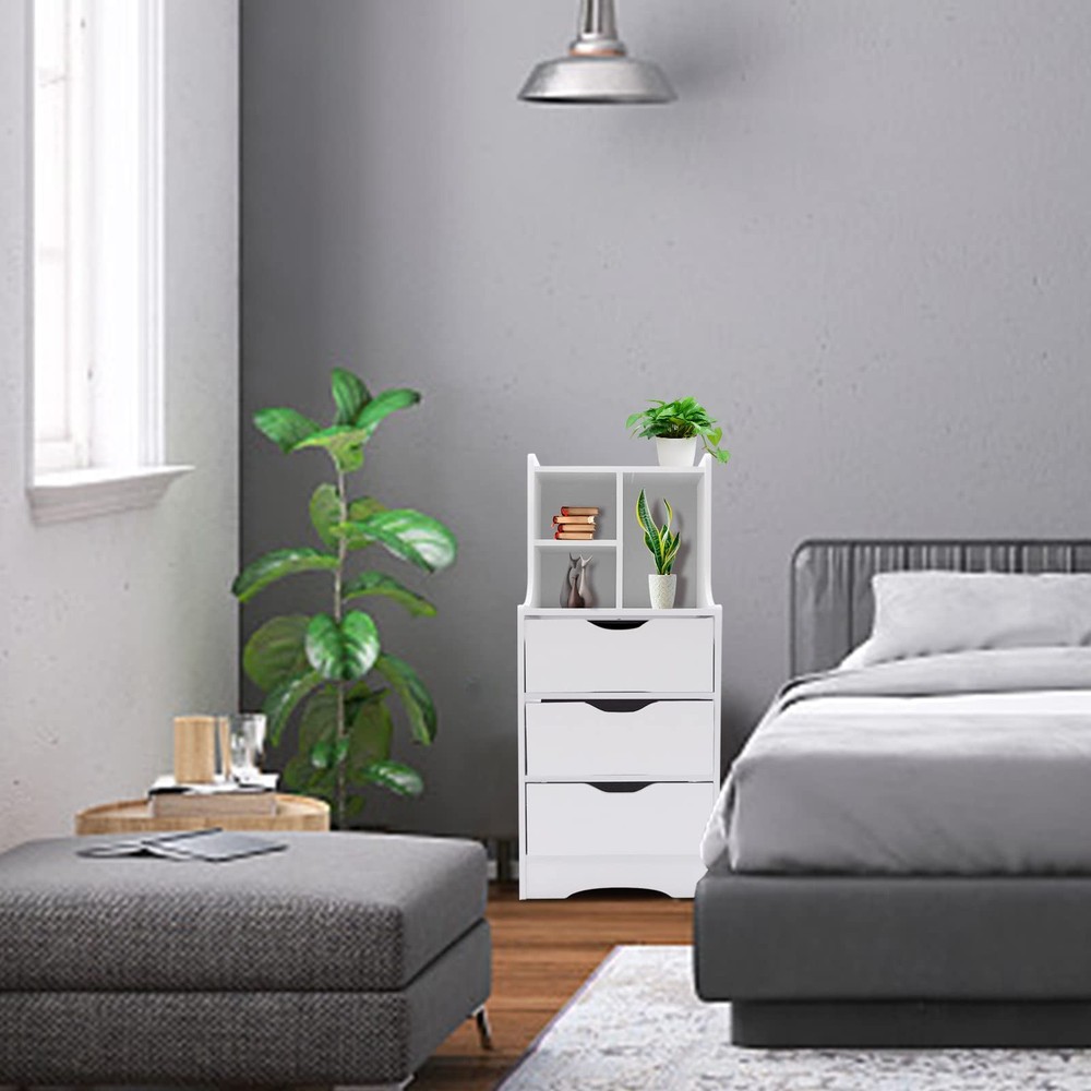 Bed Side Table Nightstand White with 3 Drawers Open Shelf Small Cabinet