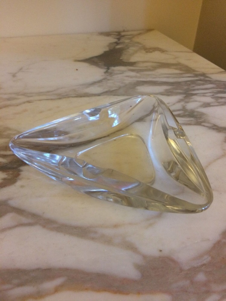 Val St Lambert Ash Tray Signed Triangular Clear Heavy Vintage Cigar Cigarette