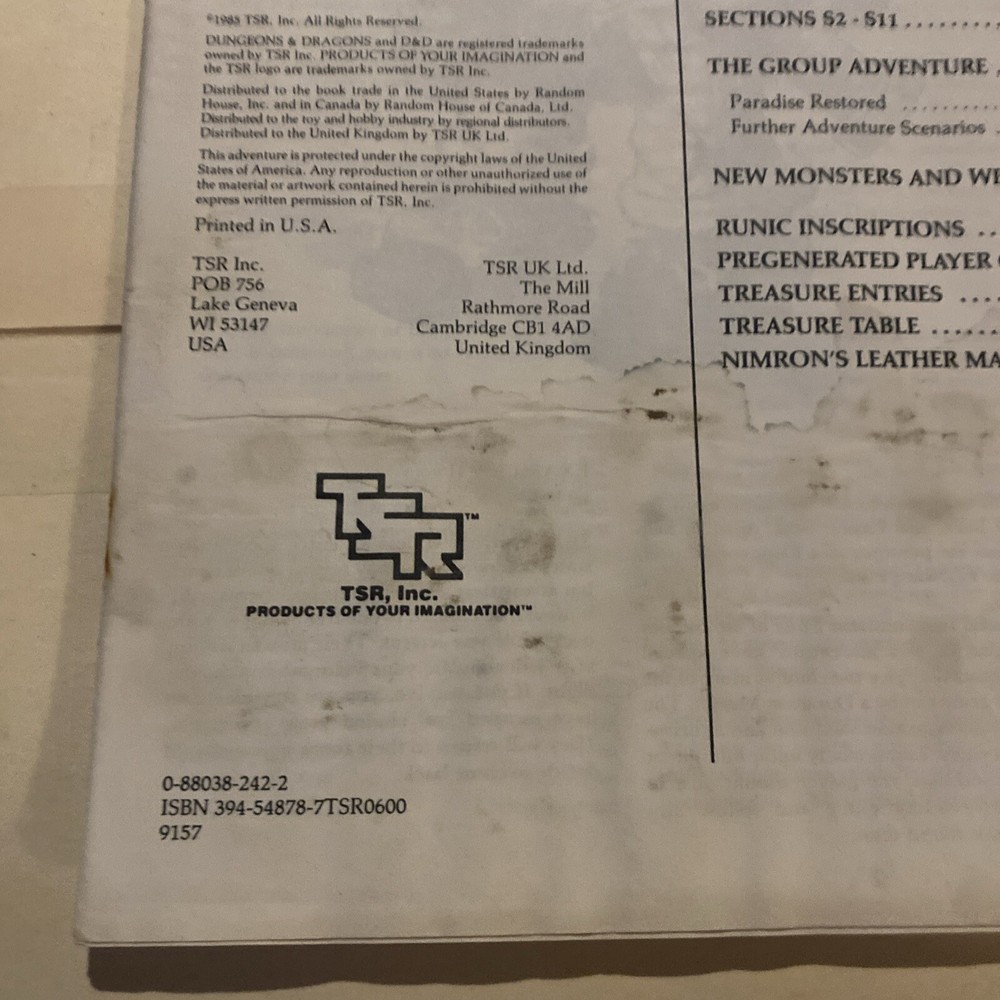 XS2 THUNDERDELVE MOUNTAIN DUNGEONS & DRAGONS TSR 9157 MODULE
