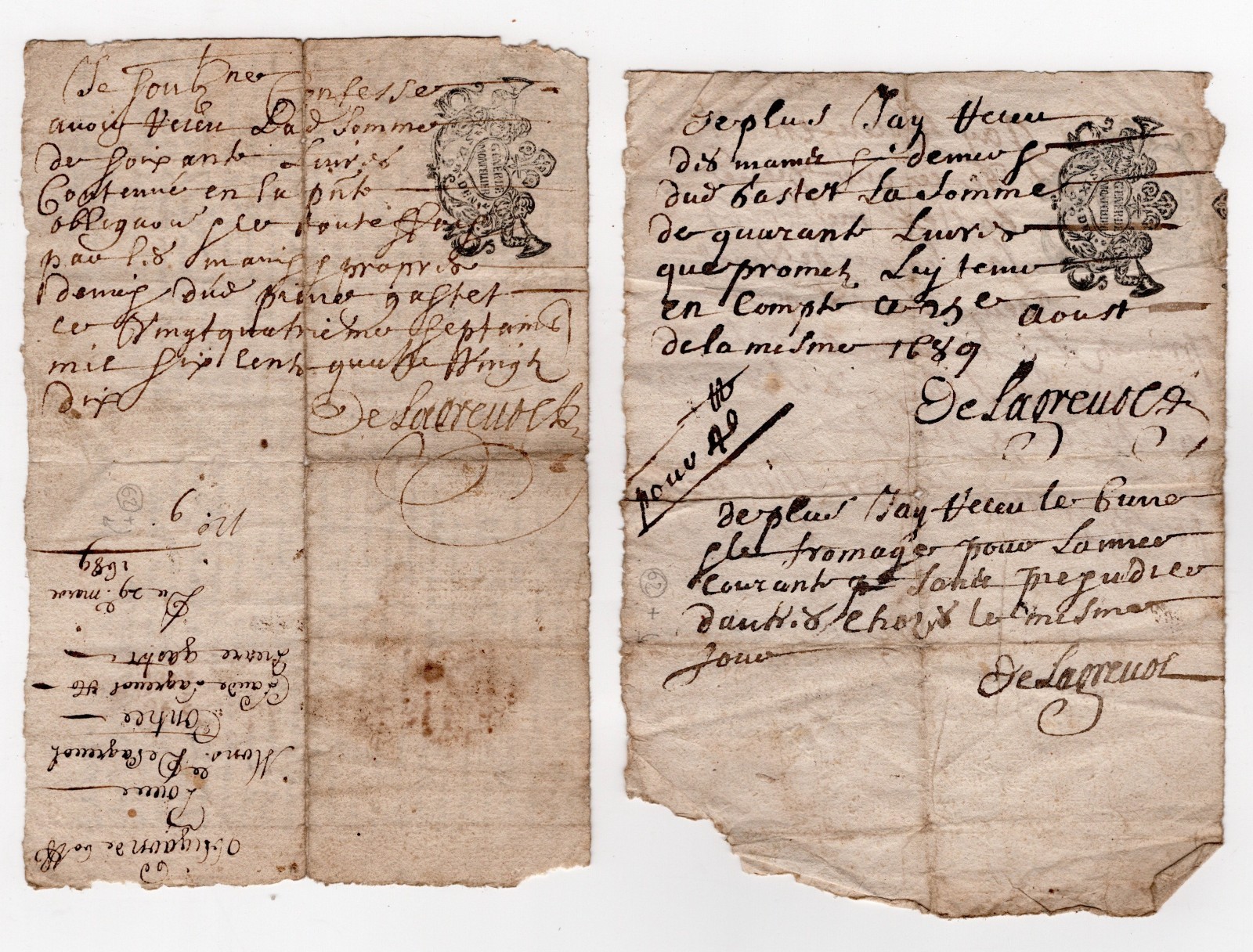 1689 Papier Timbré Stamped Généralité de Lyon Manuscript French Legal Documents