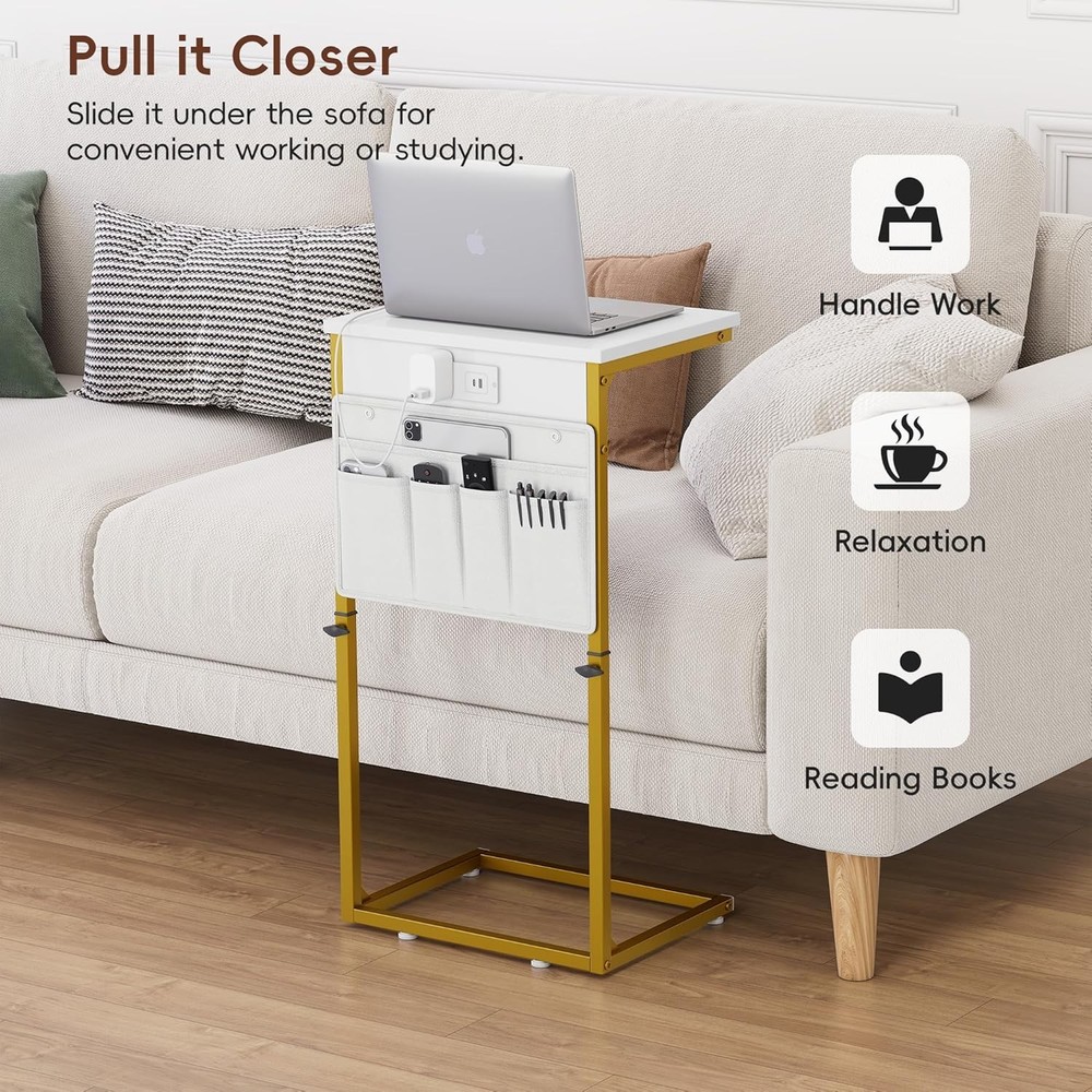 C Shaped End Table W/ Charging Station Adjustable Height Couch Sofa Side Table