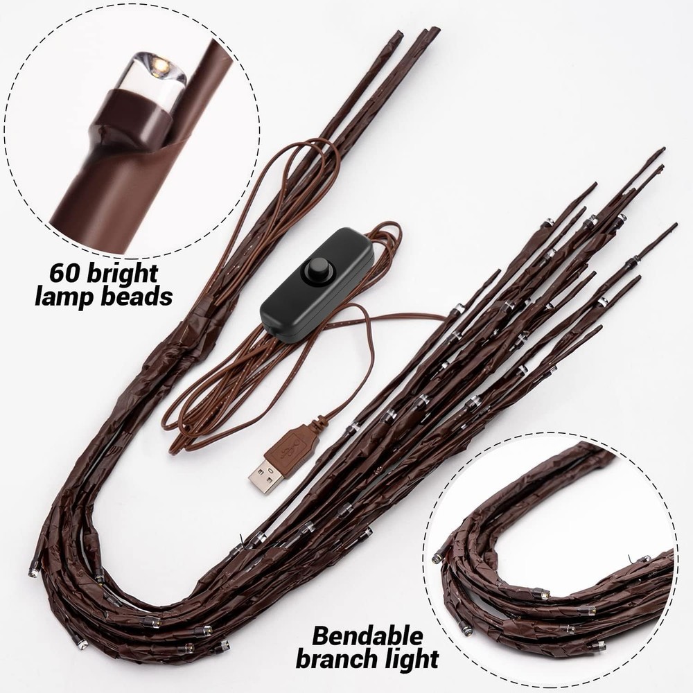 KXCOFTXI 3 Pack Twig Lights, Prelit Branches, USB Plug in Branches Lights wit...