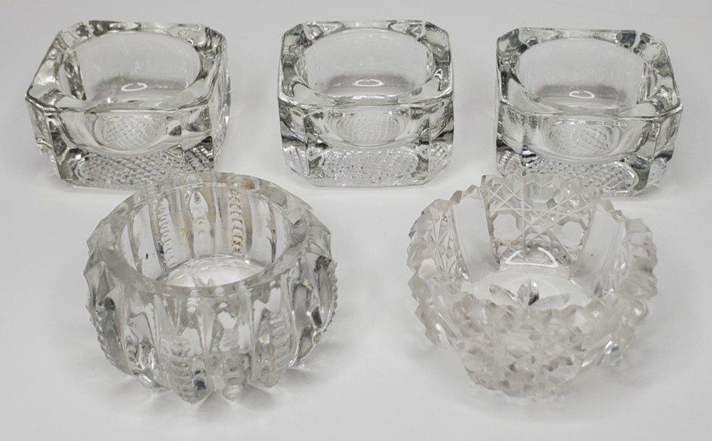 5  Salt Cellars Patterns  Clear Side EAPG Zipper Side Cut Design, Small Glass