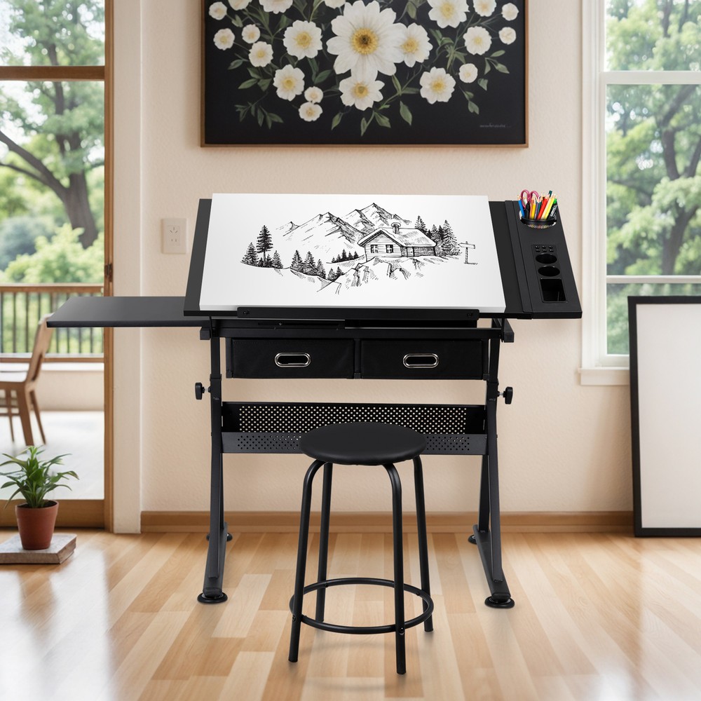 Art Craft Table Drawing Table Adjustable Drafting Desk w/Stool & 2 Drawers Black