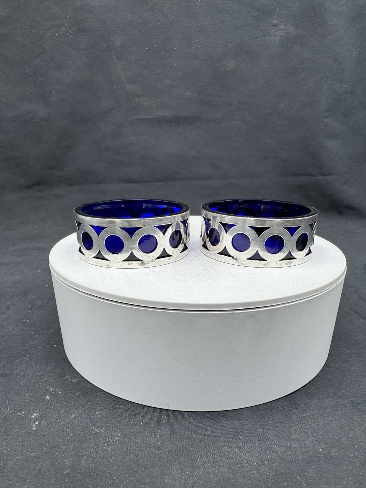 Pair of Vintage Sterling Silver Cobalt Glass Salt Cellars