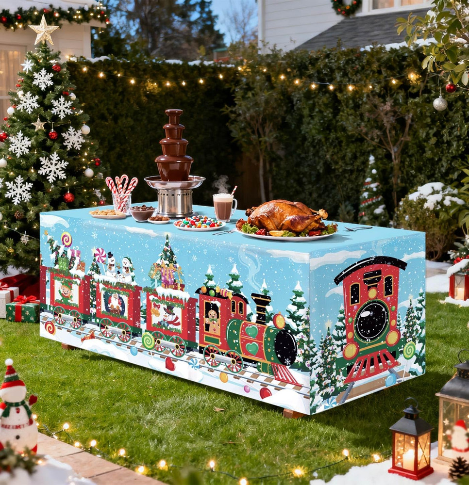 6 Ft Christmas Table Cloth Rectangle Red Train Tablecloth Washable Fabric Polyes