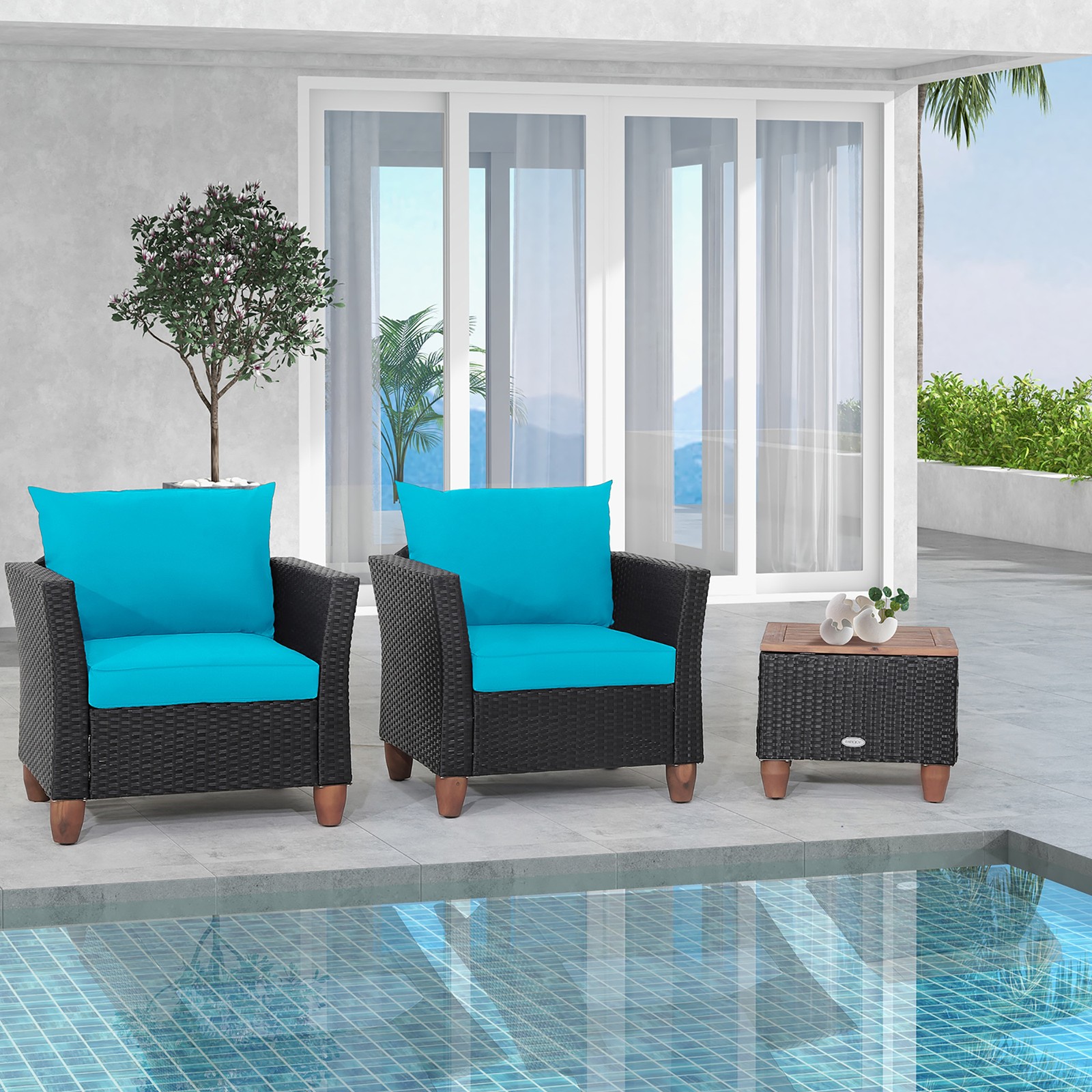 3PCS Patio Rattan Conversation Set Outdoor Furniture Set w/ Turquoise Cushions