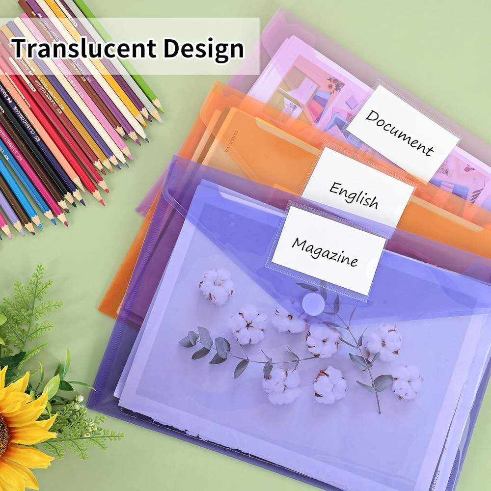 30 Pack 10 Color Plastic Envelopes Poly Envelopes, Hook & Loop Closure File Fold