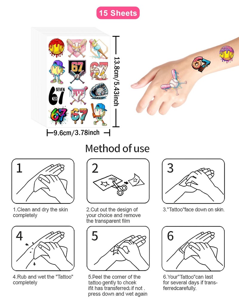 YanZonic 166Pcs Drip Baseball Temporary Tattoos - 6 7 Pink Medium, Multicolor