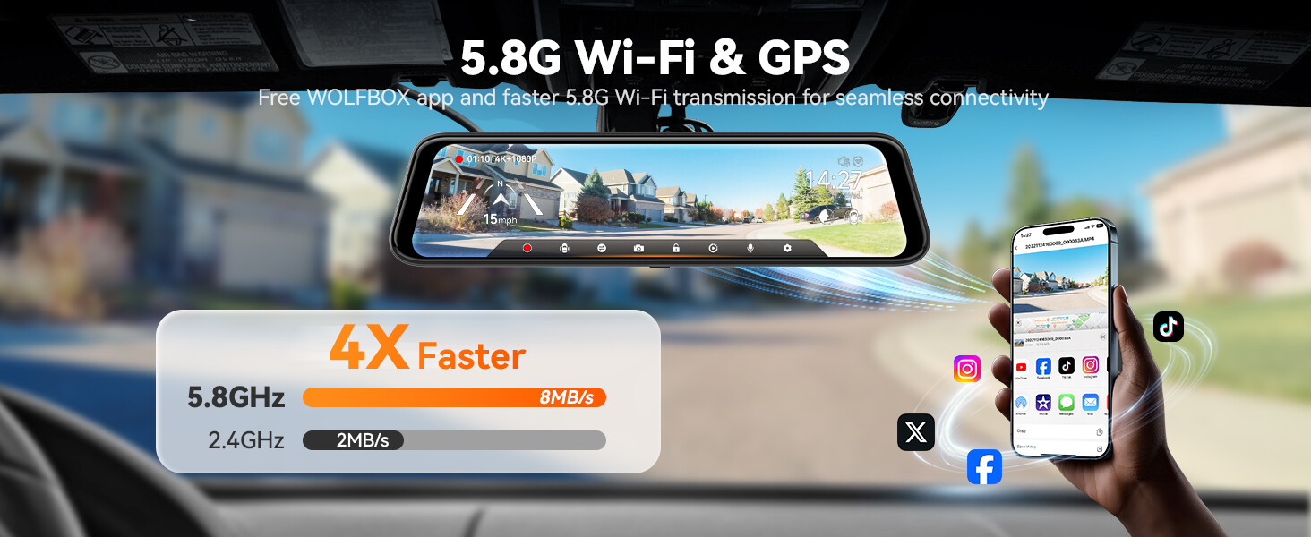 WOLFBOX G850 PRO 4K Mirror Dash Cam with ADAS & BSD, 5.8GHz WiFi Voice Control