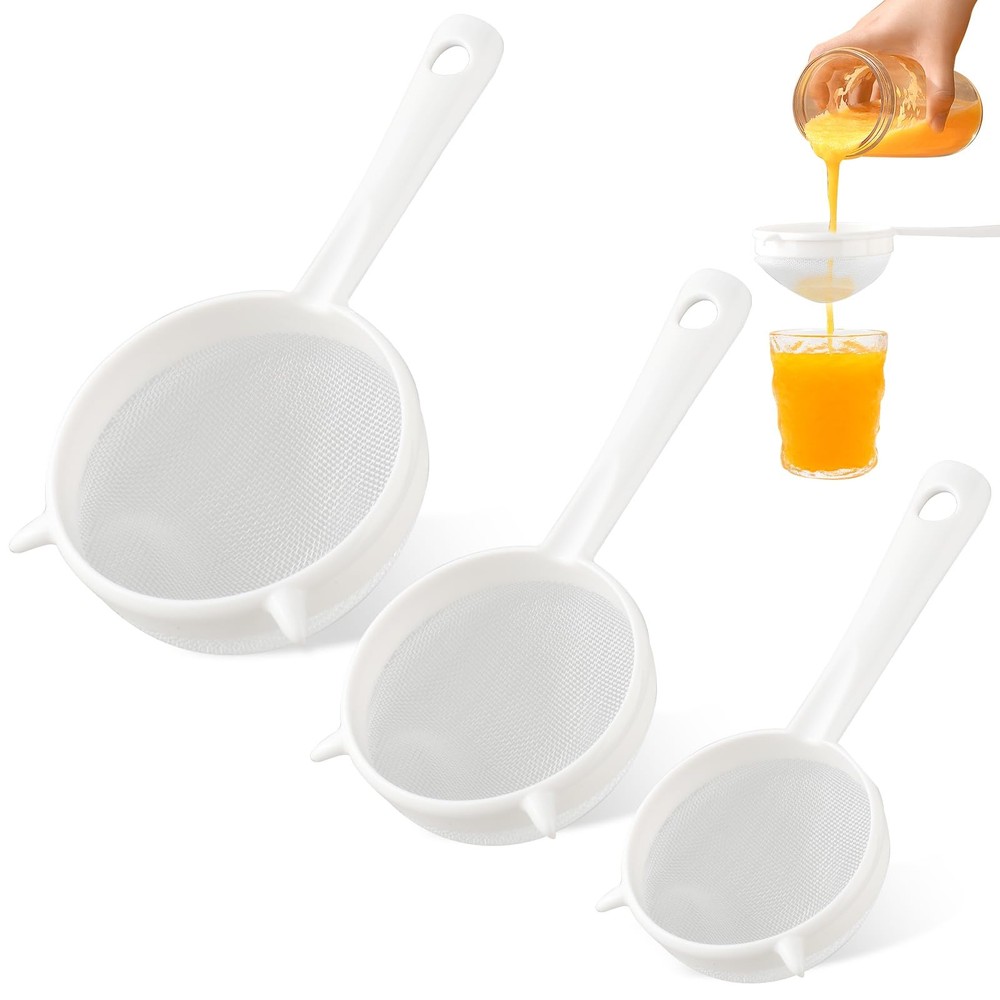 3 Pcs Plastic Mesh Strainer Set Colander with Handle - 3 Sizes 7.7×3.6, White