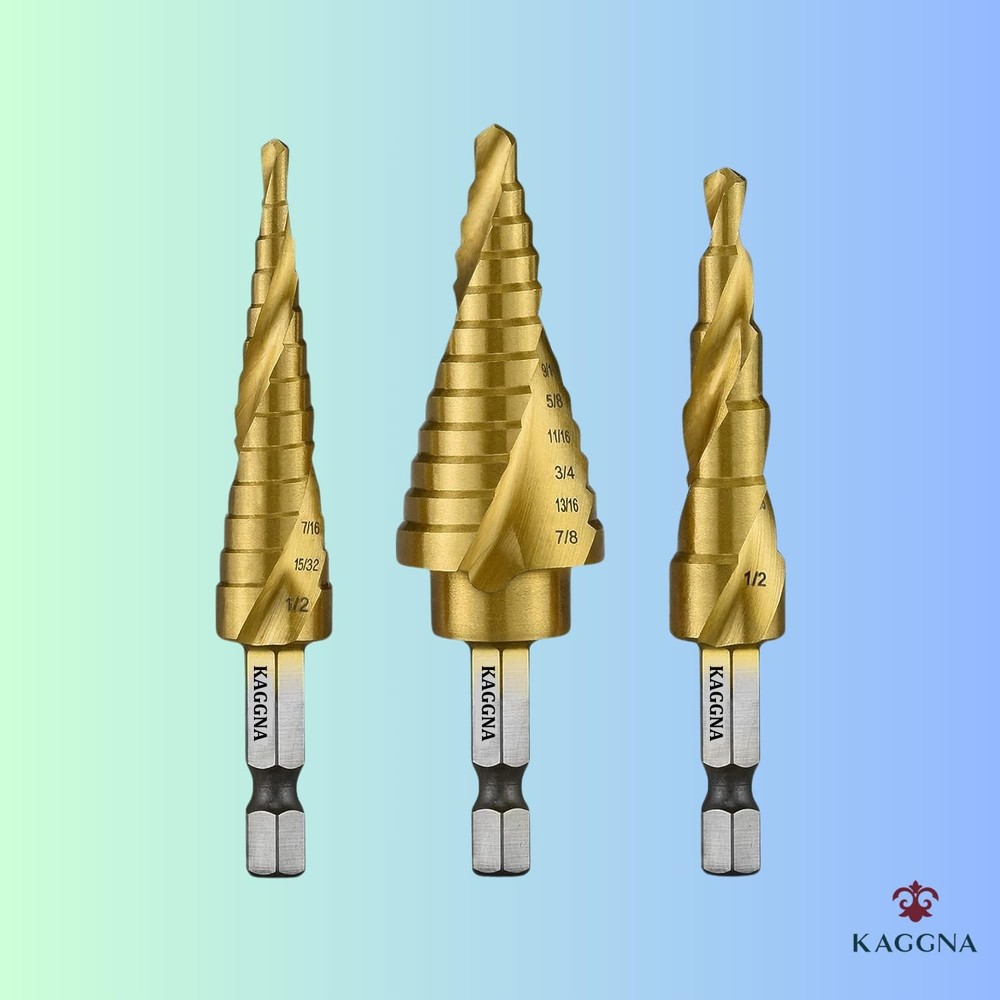 KAGGNA Step Drill Bit Set, Titanium Coated Bits, 3 Pcs, Spiral Grooved...