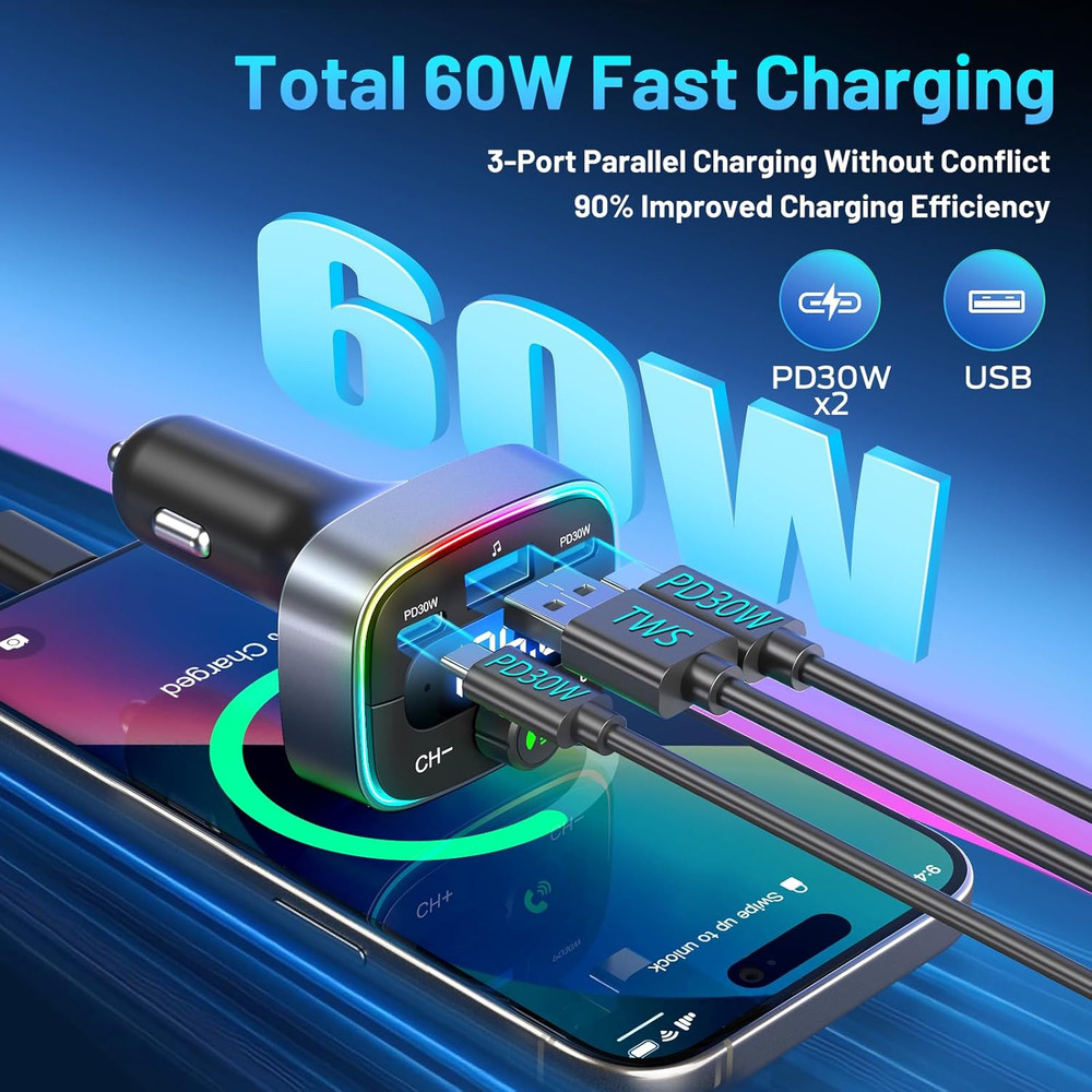 Bluetooth 5.4 Car Adapter 60W Charging USB Bluetooth Adapter for Car,Wireless Fm