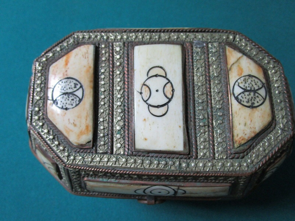 Middle Eastern antique camel bone brass handmade footed box leather original