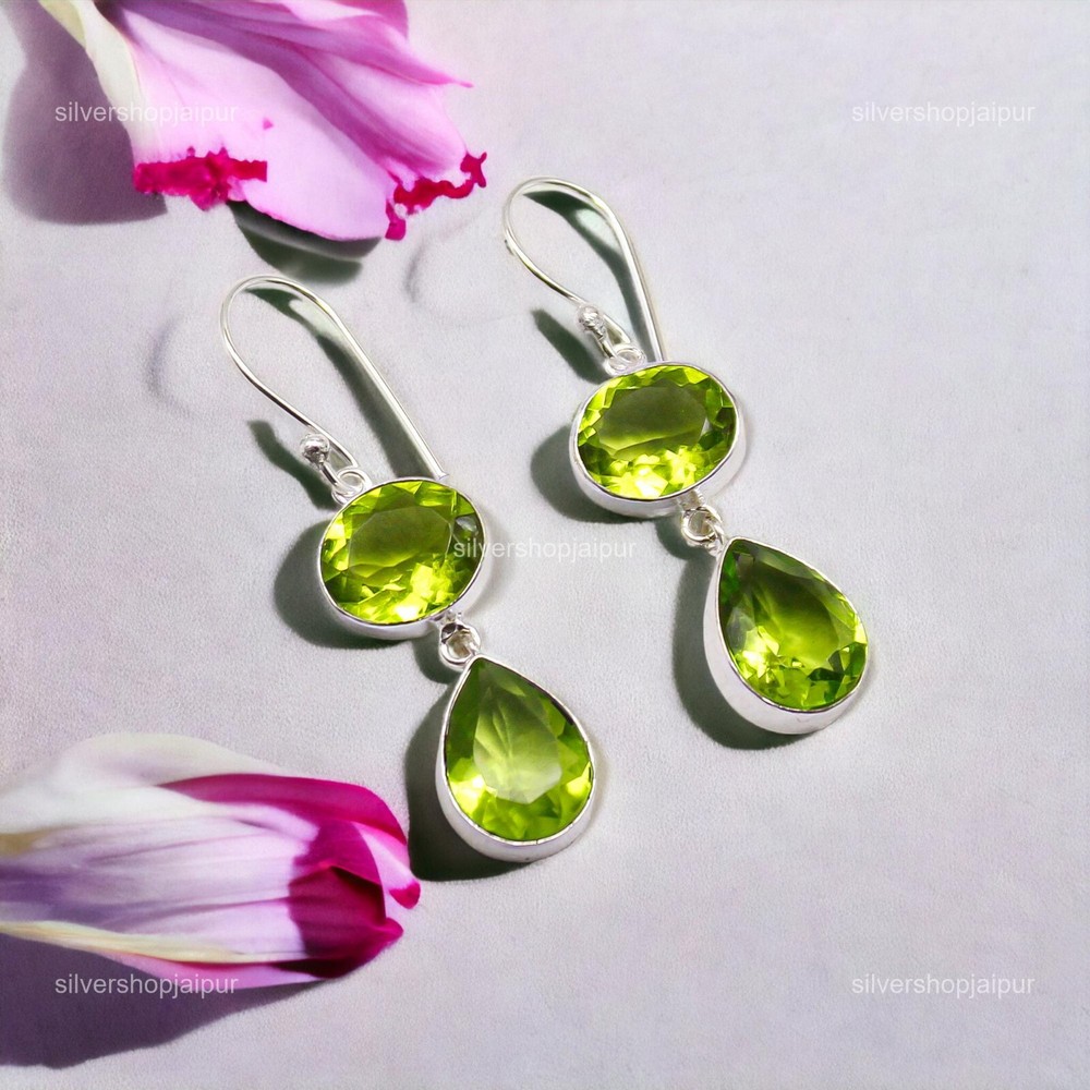 August Birth PERIDOT Stone Dangling Daughter Hook Boho Earrings 925 Solid Silver