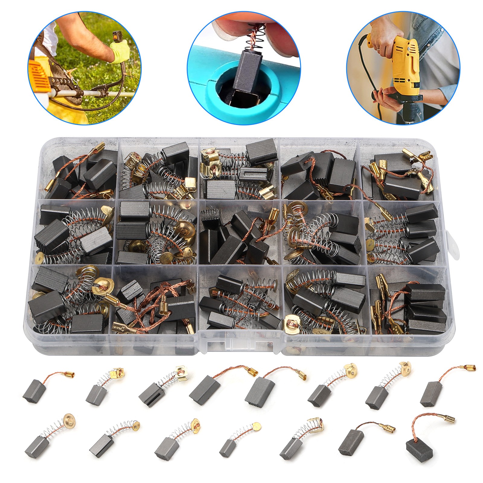 105x 15 Sizes Electric Motor Carbon Brushes Replacement w/ Copper Wire for Drill