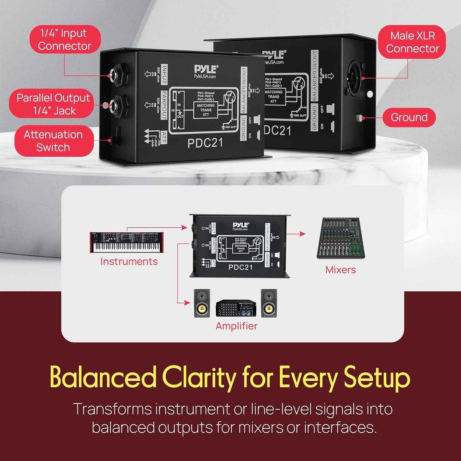 Pyle Professional High-Performance Passive DI-Box-(1/4''/XLR) Direct Box