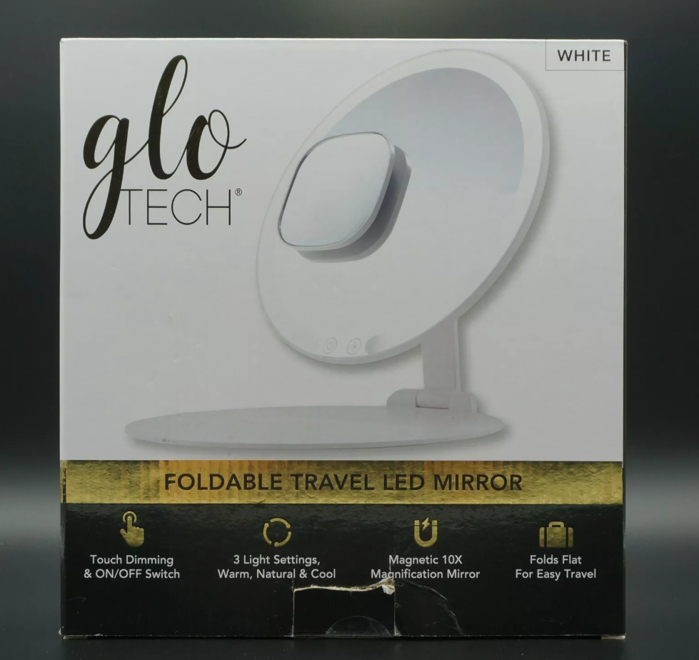 GloTech Foldable Travel LED Mirror, White Opened Box