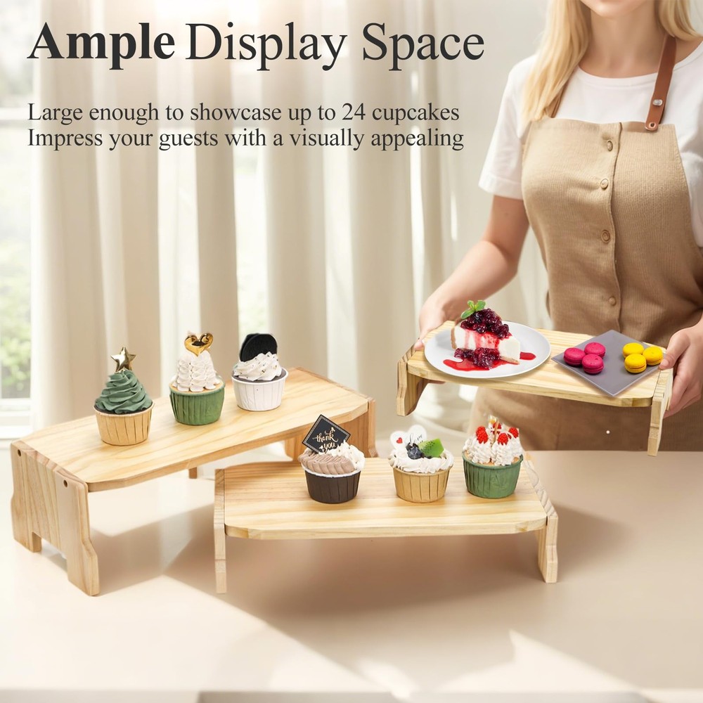 3 Tier Wood Display Riser, Stackable Cupcake Dessert Stand for 24 Cupcakes, R...