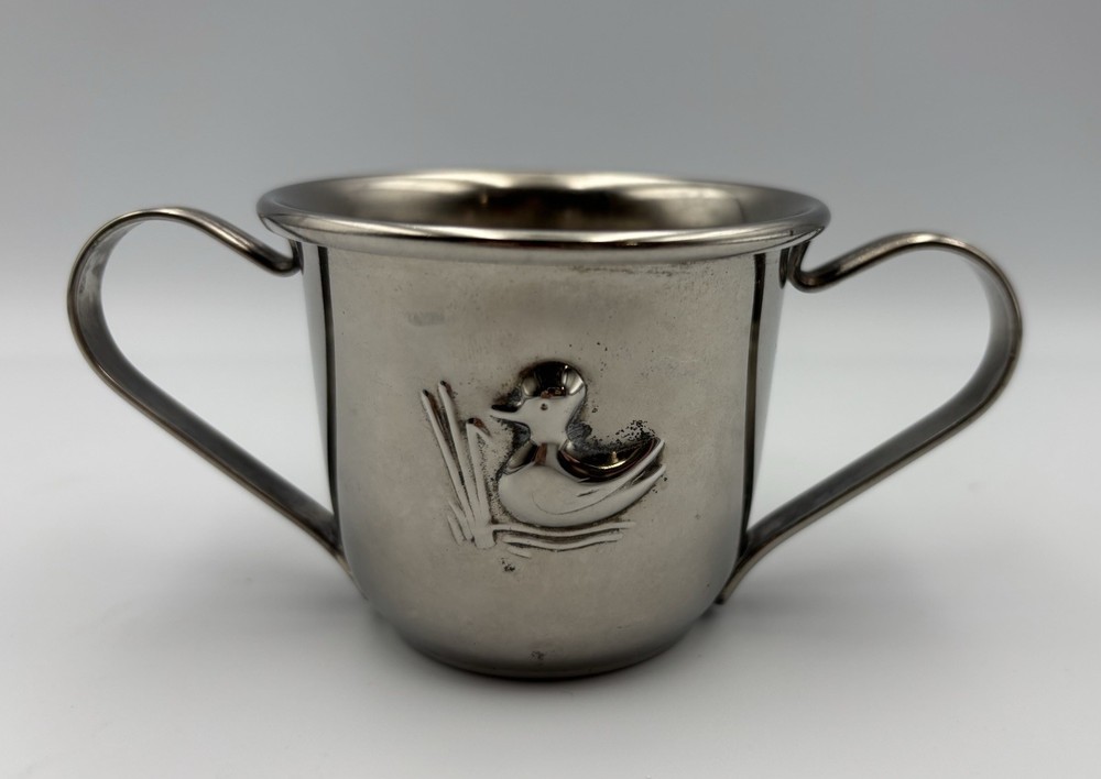Vintage Silverplate Double Handled Duck Baby Cup Nursery Keepsake Gift Decor