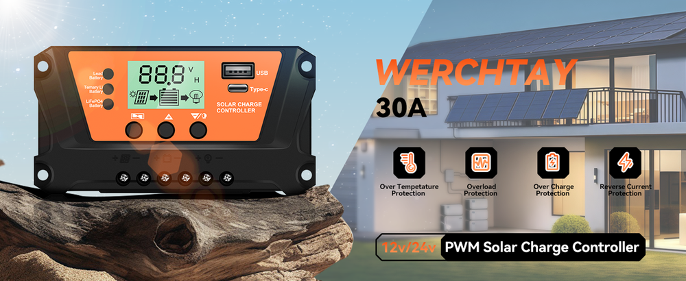 30 Solar Panel Battery Charge Controller USB Type-C 12V/24V Auto Regulator LCD