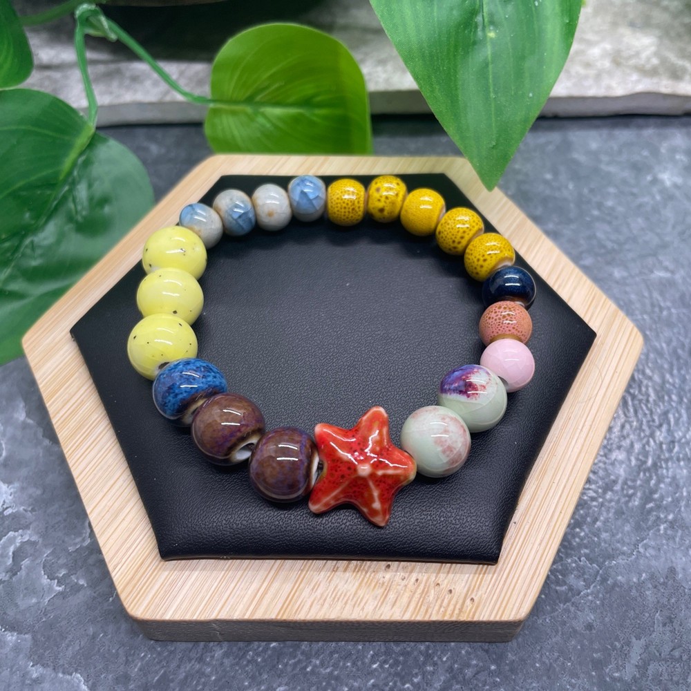 Handmade Ceramic Bead Beaded Stackable 6.5” Plus Stretch Bracelet New B520