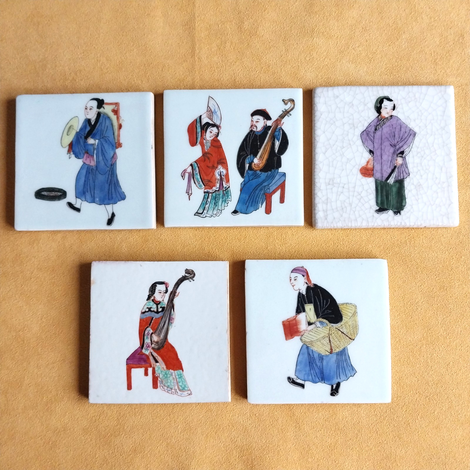 Grouping of Chinese Polychrome Porcelain Figurative Tiles 3 3/4"