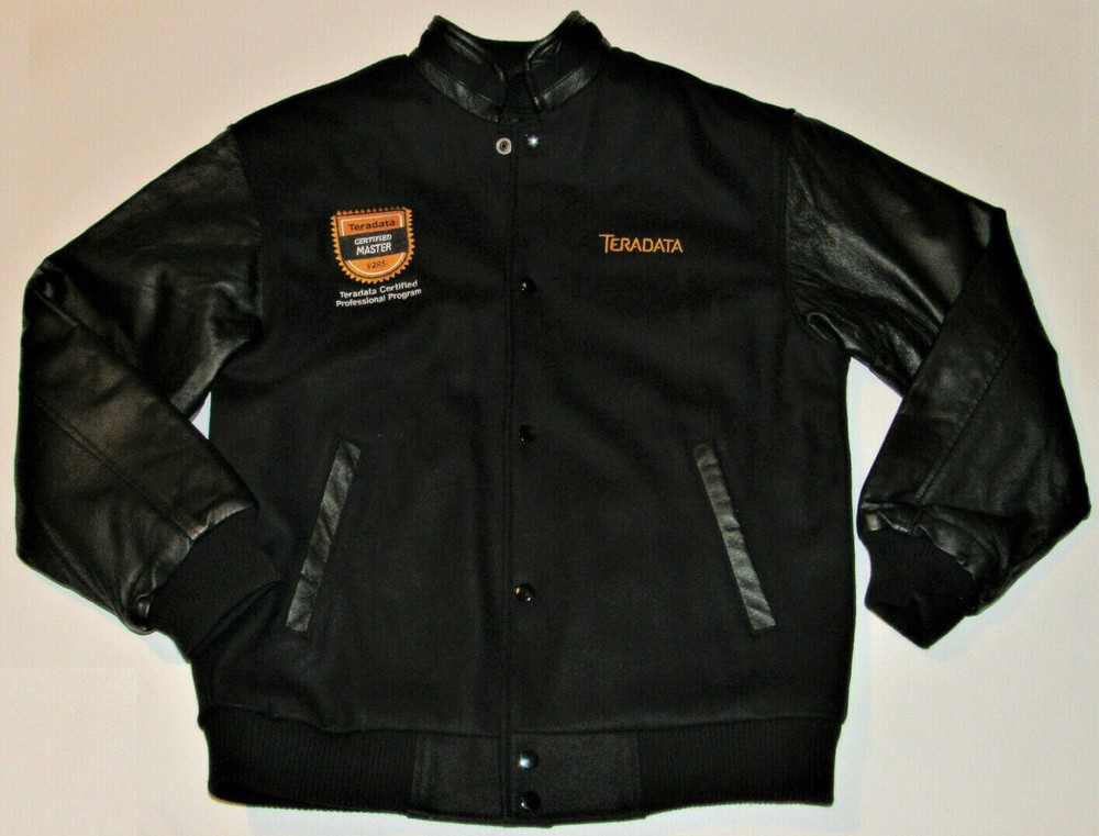 TERADATA 'CERTIFIED MASTER' BLACK WOOL VARSITY JACKET! LEATHER SLEEVES! NWT! S