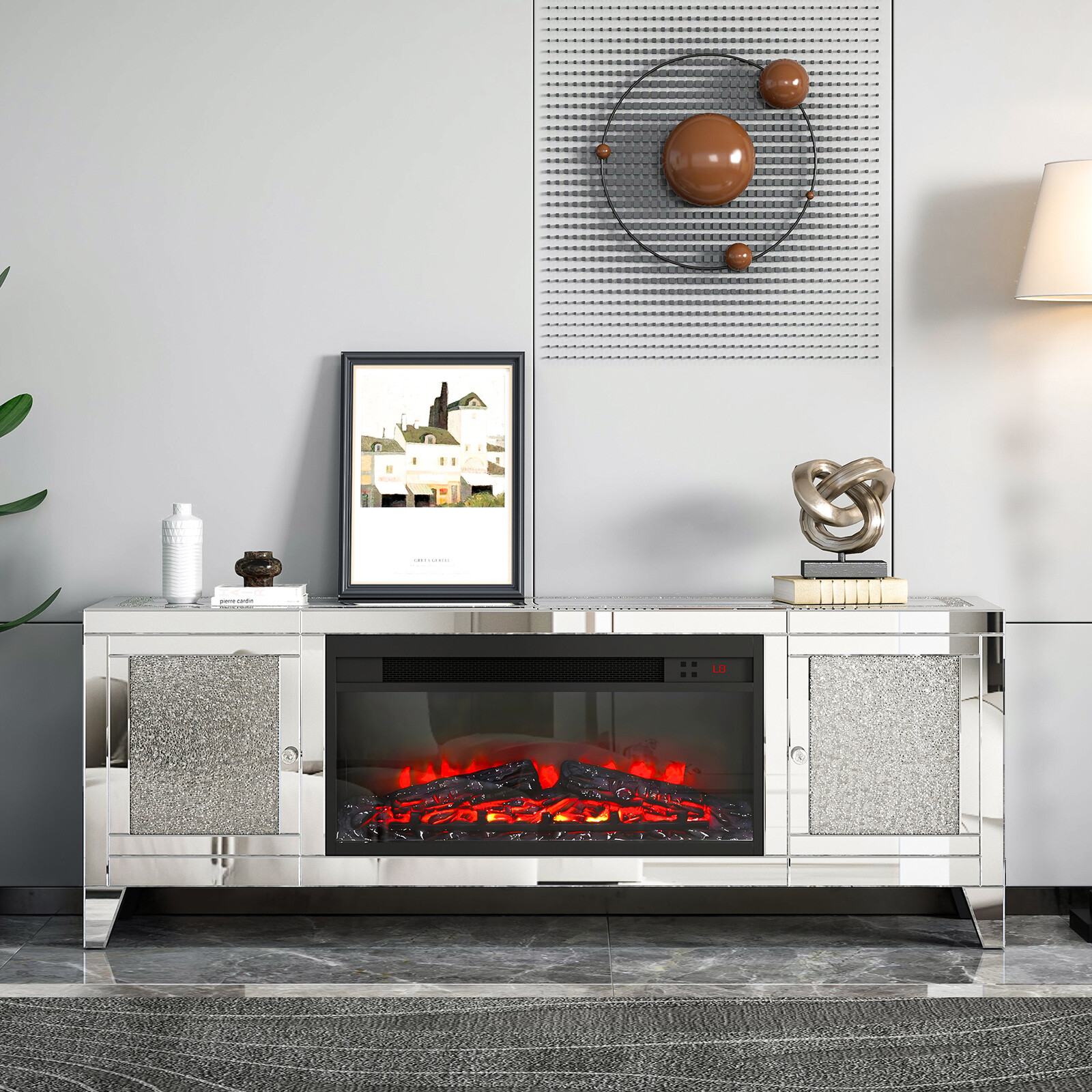 COSVALVE 59"Mirrored Fireplace TV Stand Entertainment Center Crush Diamond 2Door