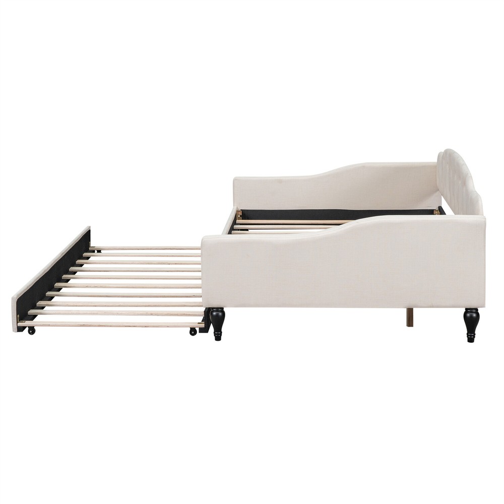 Full Size Daybed w/ Pull Out Trundle Bed Upholstered Bed Frame Sofa Bed Beige