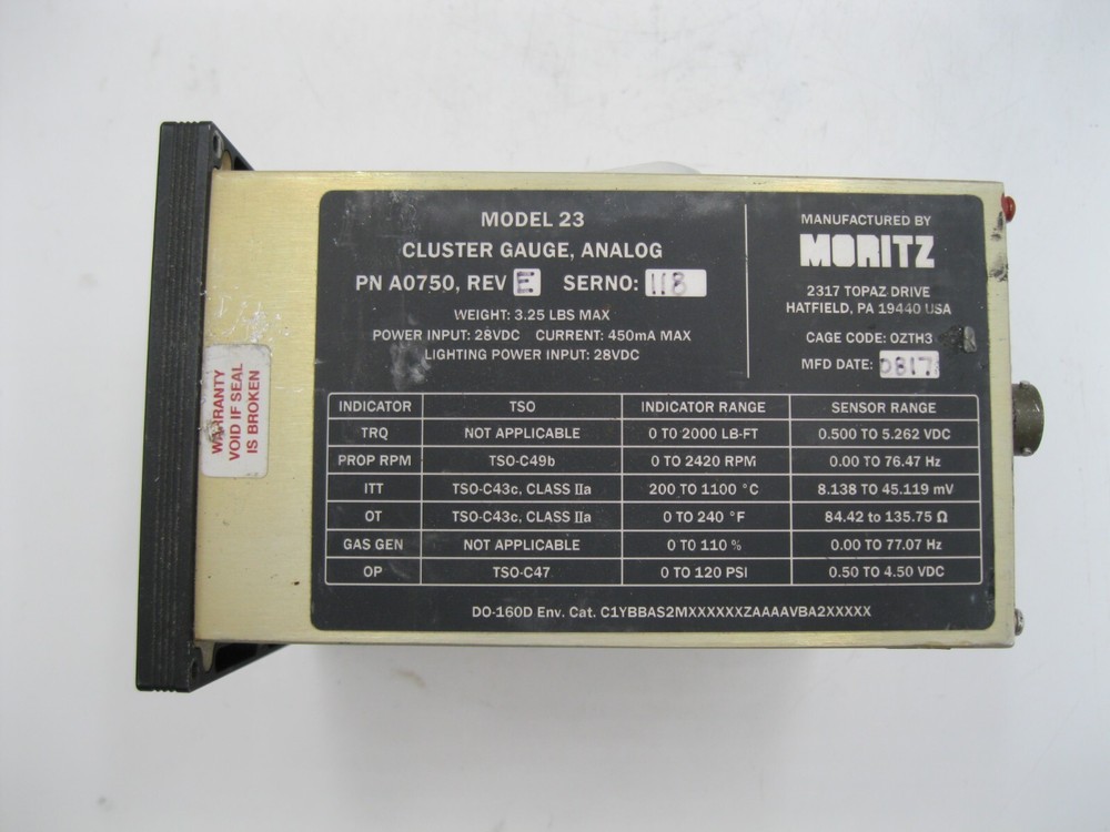 MORITZ MODEL 23 CLUSTER GAUGE PN: A0750 REV.E
