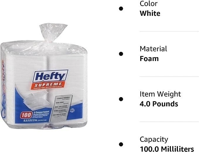 Hefty Hefty Foam Compartment 9" Hinged Lid Tray (100Count)