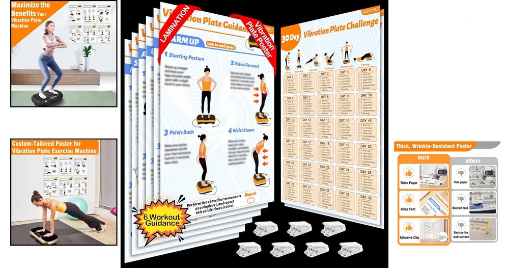 Durable Vibration Plate Training Poster with 6 Exercise Guides & 30-Day Planner