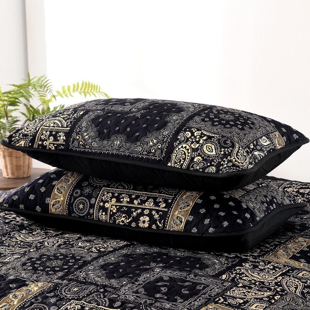 Cottolester Boho Patchwork Quilt Set Queen Size,Black Gold Fall Bedspread,Pai...