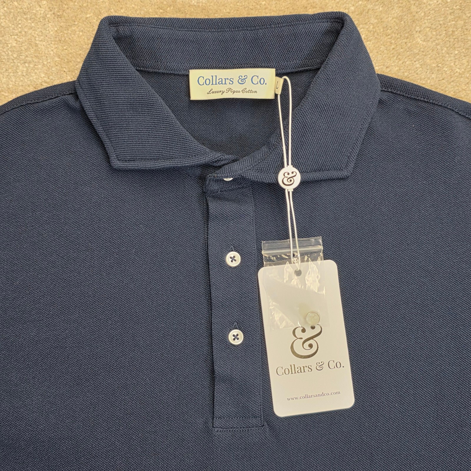 Collars and Co Mens Portofino Luxury Pique Cotton Short Sleeve Polo Size L Navy