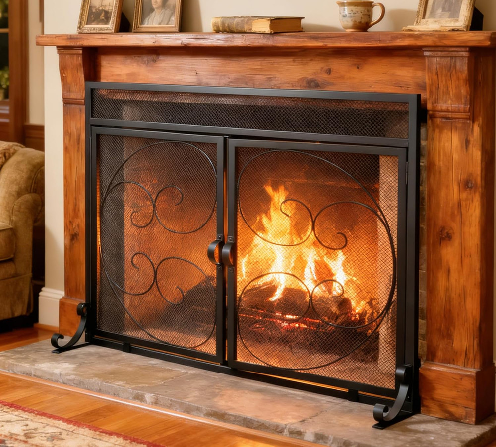 Fireplace Screen with Magnetic Doors,Handcrafted Wrought Iron Classical Scroll D