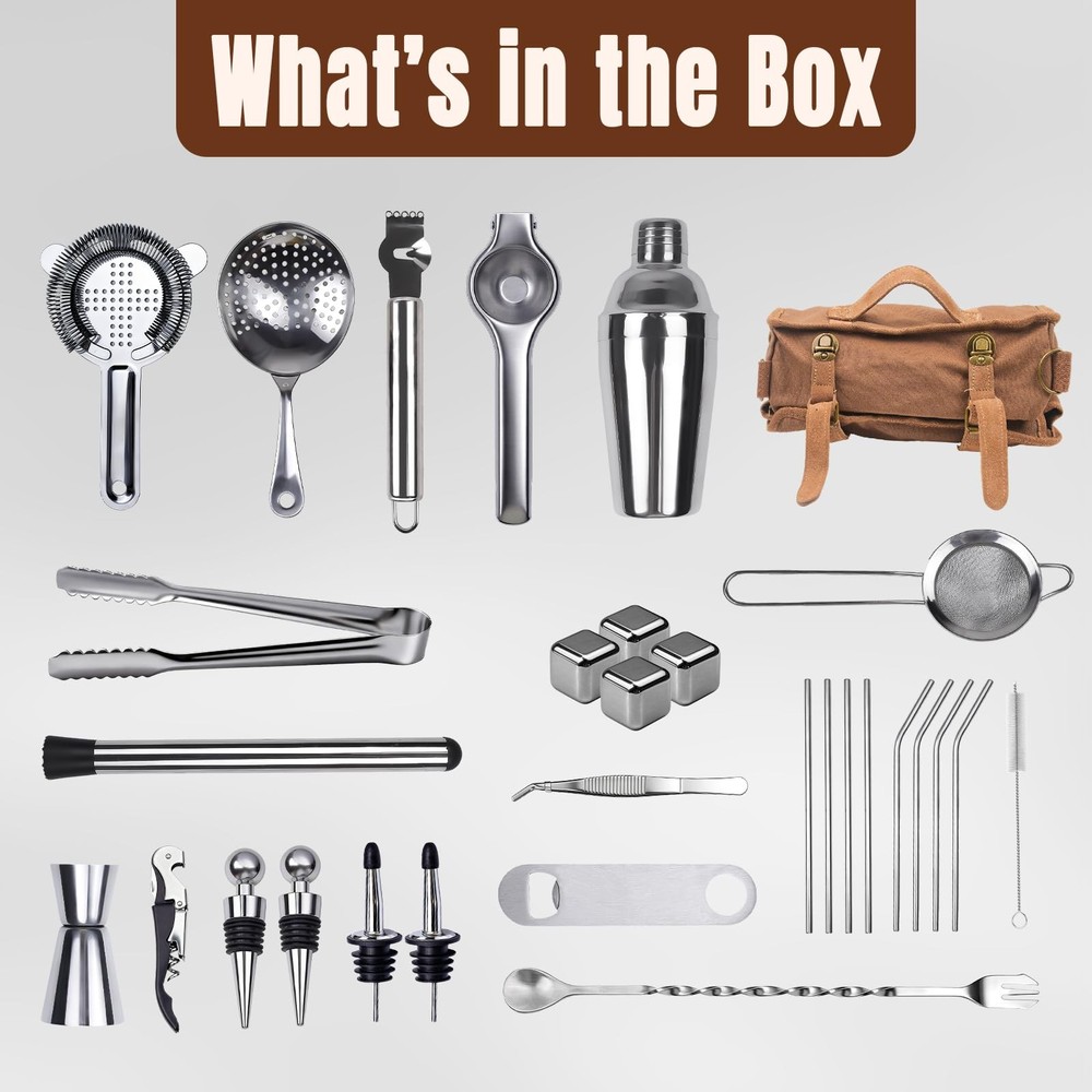 31Pcs Travel Bartender Kit–Bartending Kit with Bar Tools Khaki