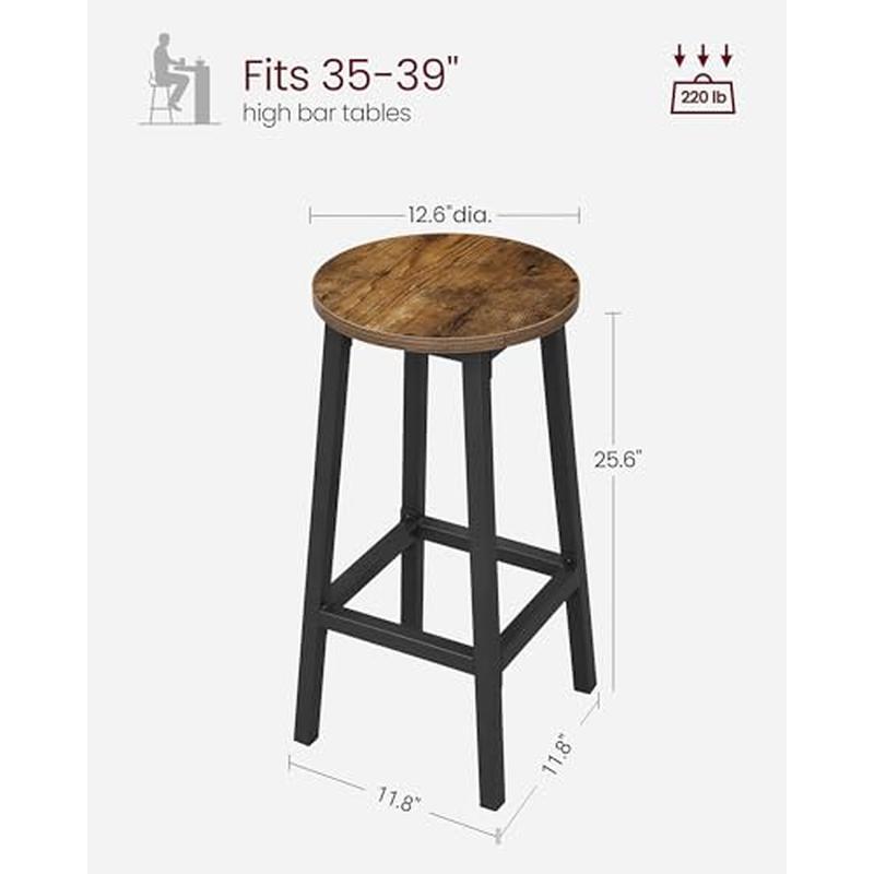 Rustic Industrial Round Bar Stool Set 2 Steel Frame Easy Assembly Kitchen Dining